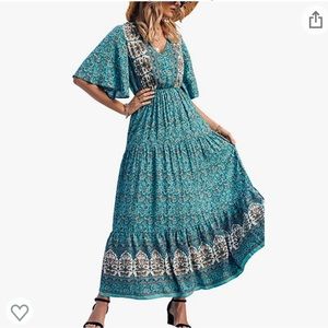 NWOT Women's Casual Floral Print V Neck Short Sleeve Boho Beach Dress